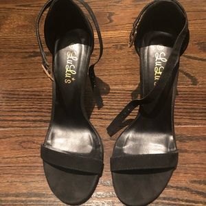 Black suede ankle strap heels